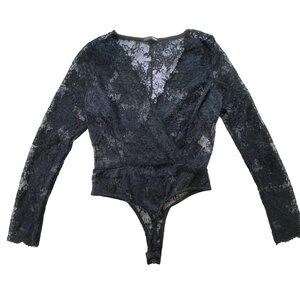 Fashion Nova XL Black Lace Long Sleeve Deep V-Neck Bodysuit Goth Festival Rave